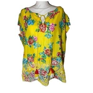 Yellow bright flowy comfortable floral blouse tassled draw stringes Size 1X
